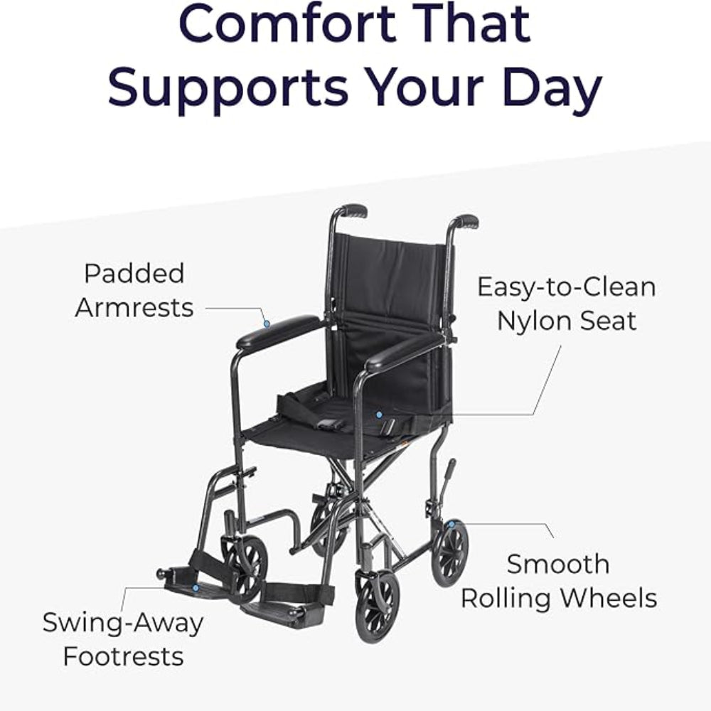 Infographic highlighting the supportive daily use features of the Drive Medical lightweight transport wheelchair.