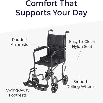 Infographic highlighting the supportive daily use features of the Drive Medical lightweight transport wheelchair.