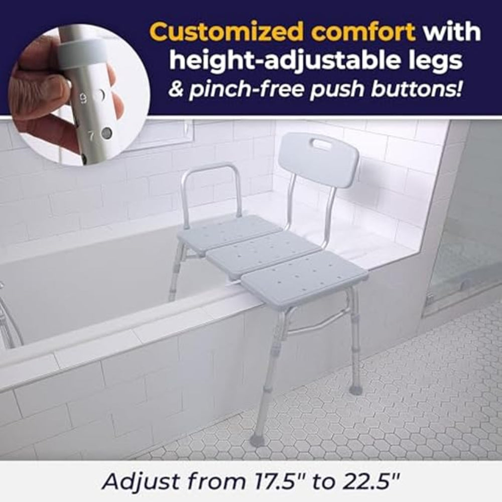 Infographic demonstrating the customizable height adjustments of the Drive Medical transfer tub bench to fit various tub clearances.