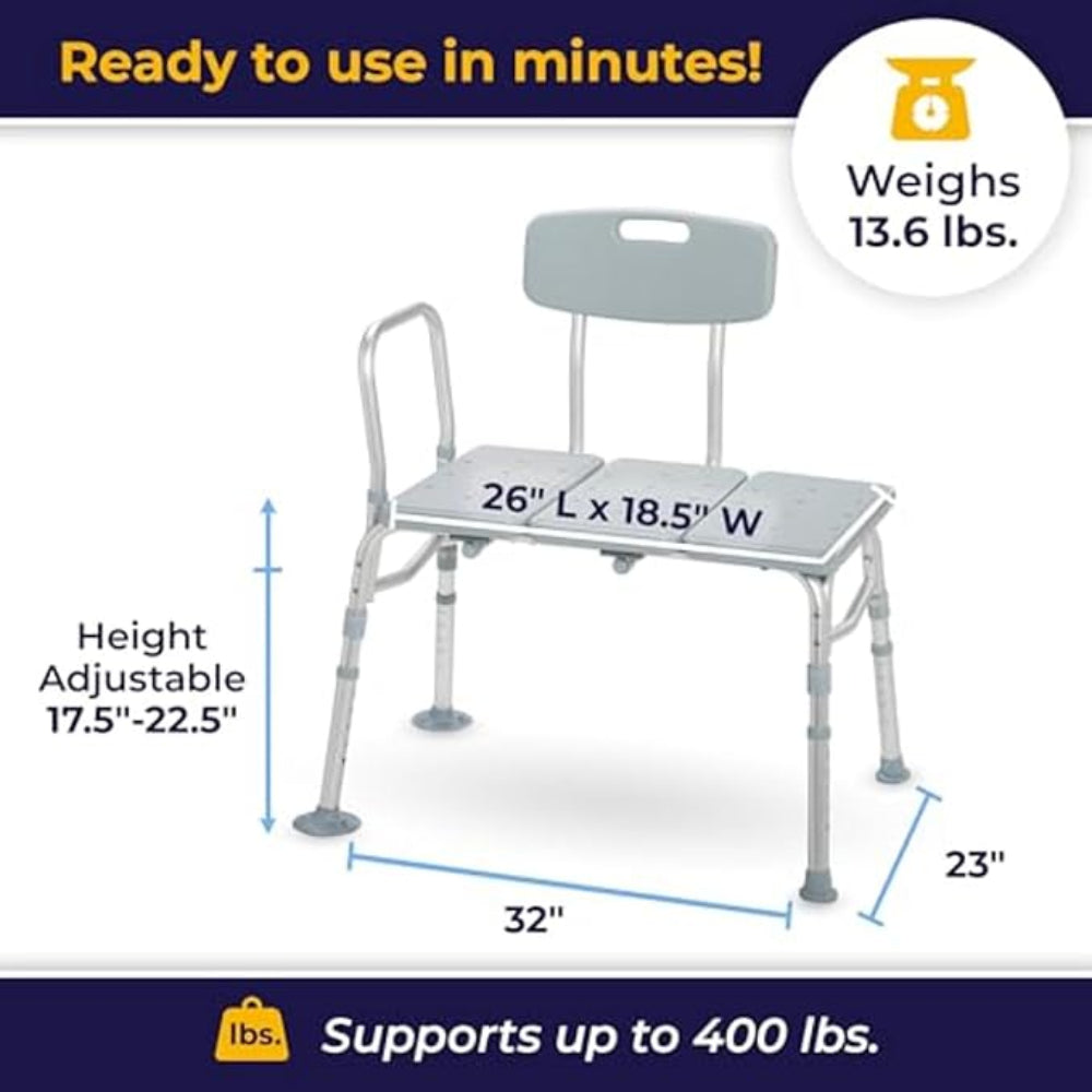 Infographic demonstrating the customizable height adjustments of the Drive Medical transfer tub bench to fit various tub clearances.