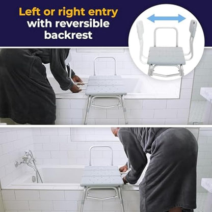 Infographic explaining the versatile reversible design of the Drive Medical transfer bench, allowing for both left and right-side bathtub entry.
