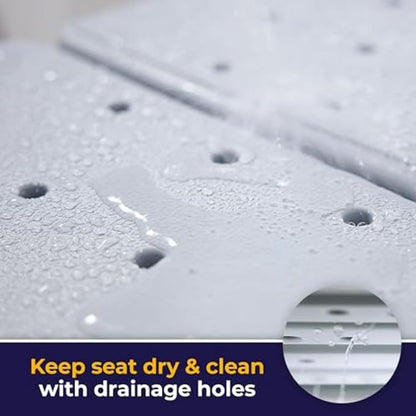 Close-up infographic showing the strategically placed drainage holes on the seat of the Drive Medical transfer bench to prevent water pooling.