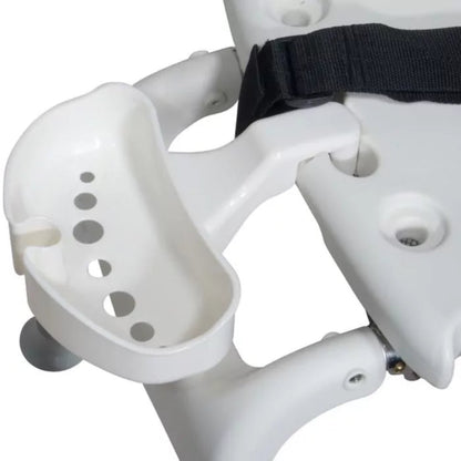 Close-up of the textured, non-slip seat surface, safety belt, and drainage holes on the Drive Medical sliding transfer bench.