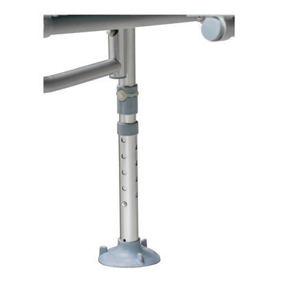 Close-up of the height-adjustable legs and extra-large non-slip suction cup feet on the Drive Medical transfer tub bench.
