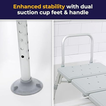 Infographic detailing the improved safety of the Drive Medical transfer bench, featuring large suction cup feet for added bathtub stability.