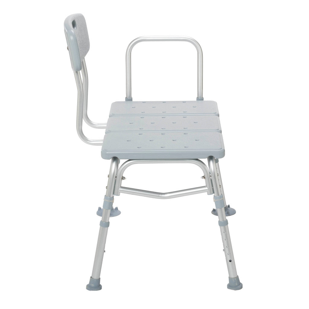 Opposite side view of the Drive Medical tub transfer bench showcasing the secure side armrest for added user stability.