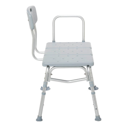 Opposite side view of the Drive Medical tub transfer bench showcasing the secure side armrest for added user stability.