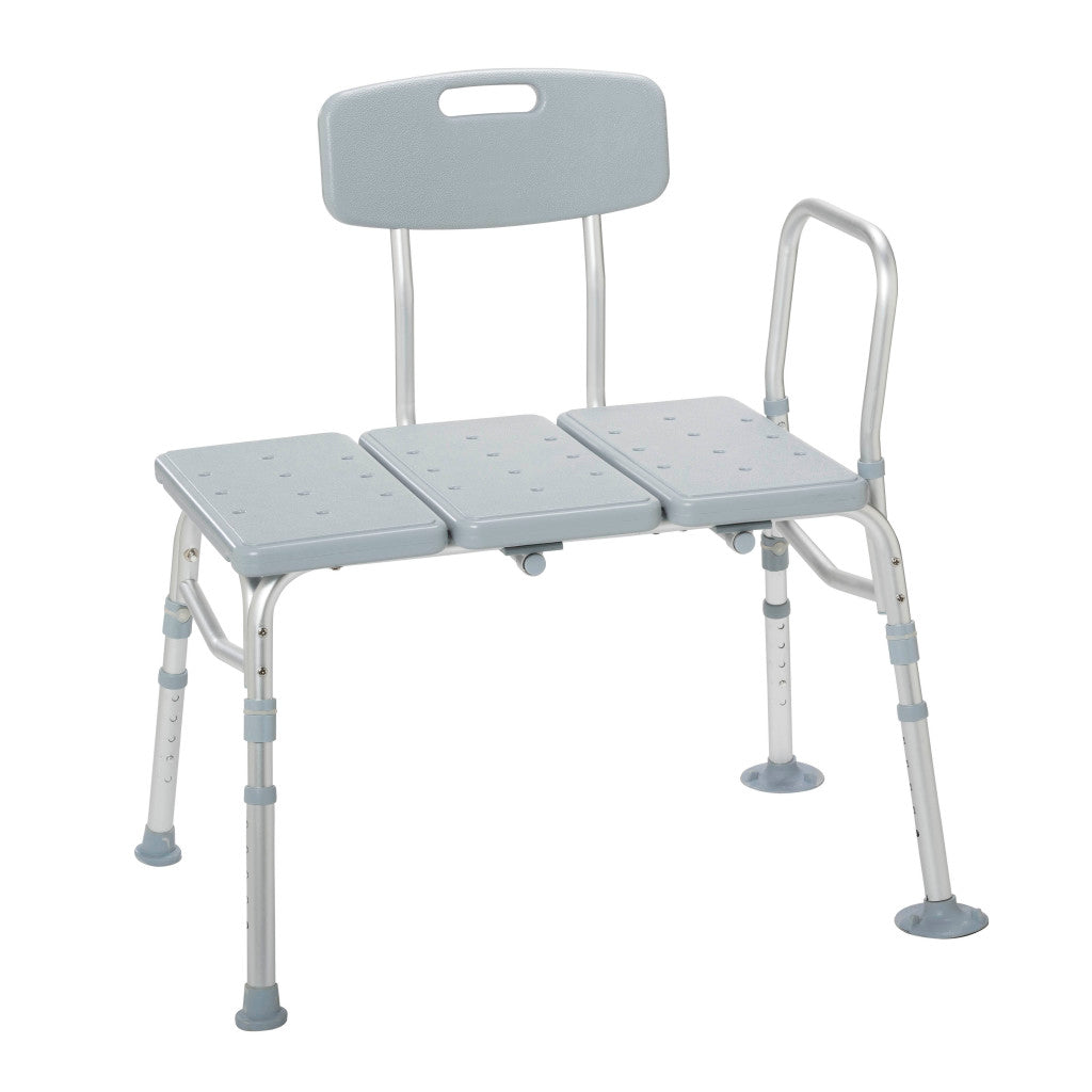 Angled front view of the grey Drive Medical reversible transfer tub bench featuring a supportive backrest and stability side arm.