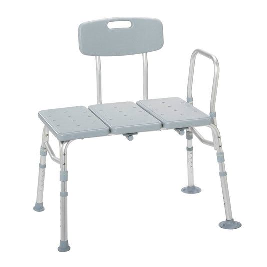 Angled front view of the grey Drive Medical reversible transfer tub bench featuring a supportive backrest and stability side arm.