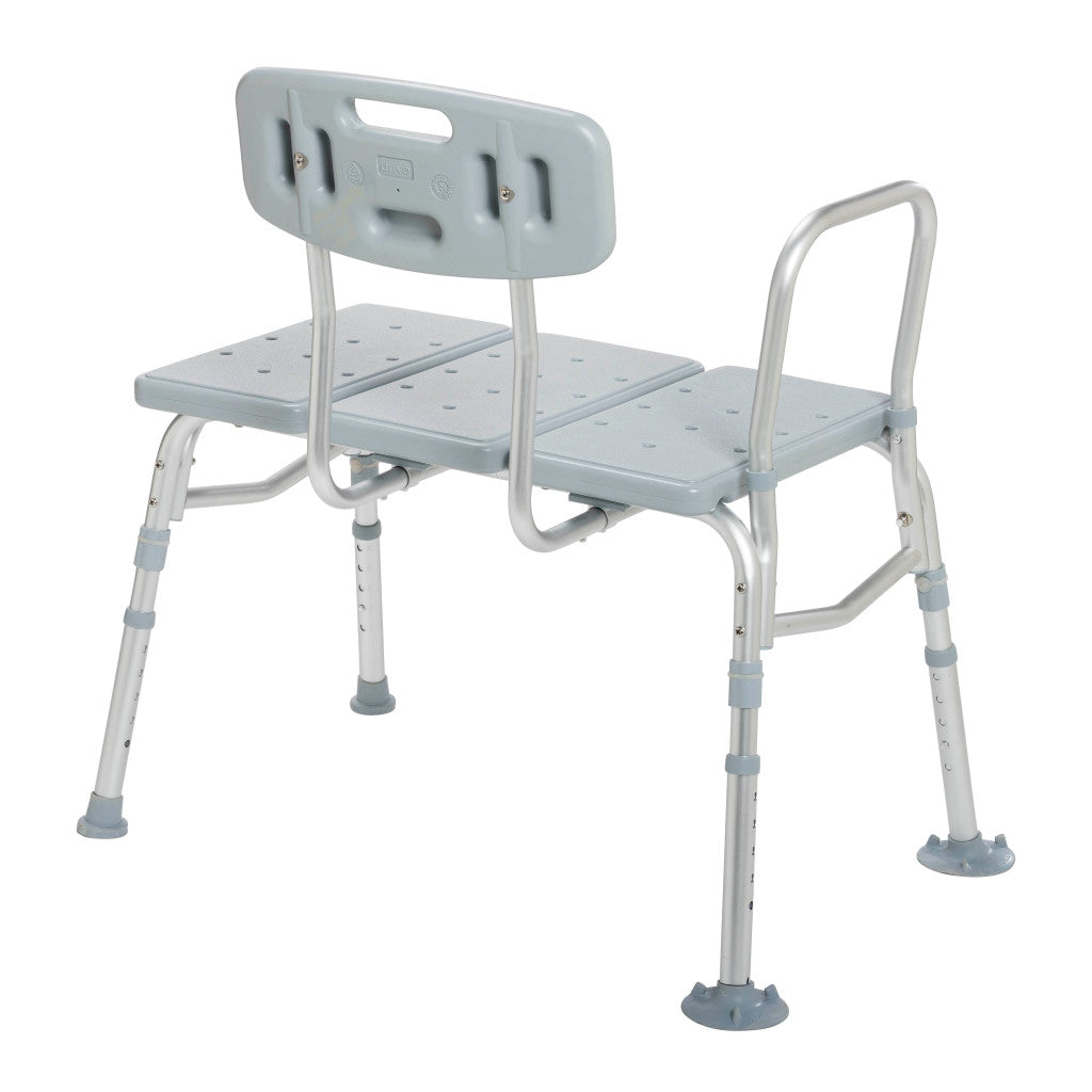 Rear angled view of the Drive Medical transfer tub bench showing the sturdy frame and wide, textured seating area for safe bathing.