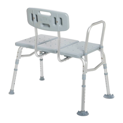 Rear angled view of the Drive Medical transfer tub bench showing the sturdy frame and wide, textured seating area for safe bathing.