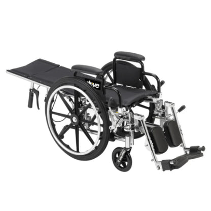 Front right angled view demonstrating the fully reclined, near-flat capabilities of the Drive Medical Viper Plus wheelchair.