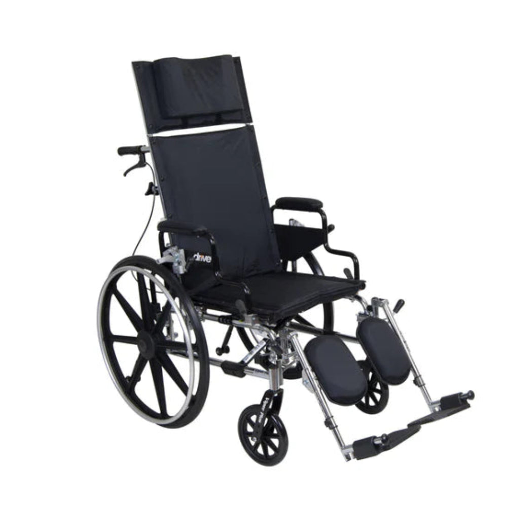 Side profile of the Drive Medical Viper Plus reclining wheelchair lowered to a fully flat position for resting and posture support.