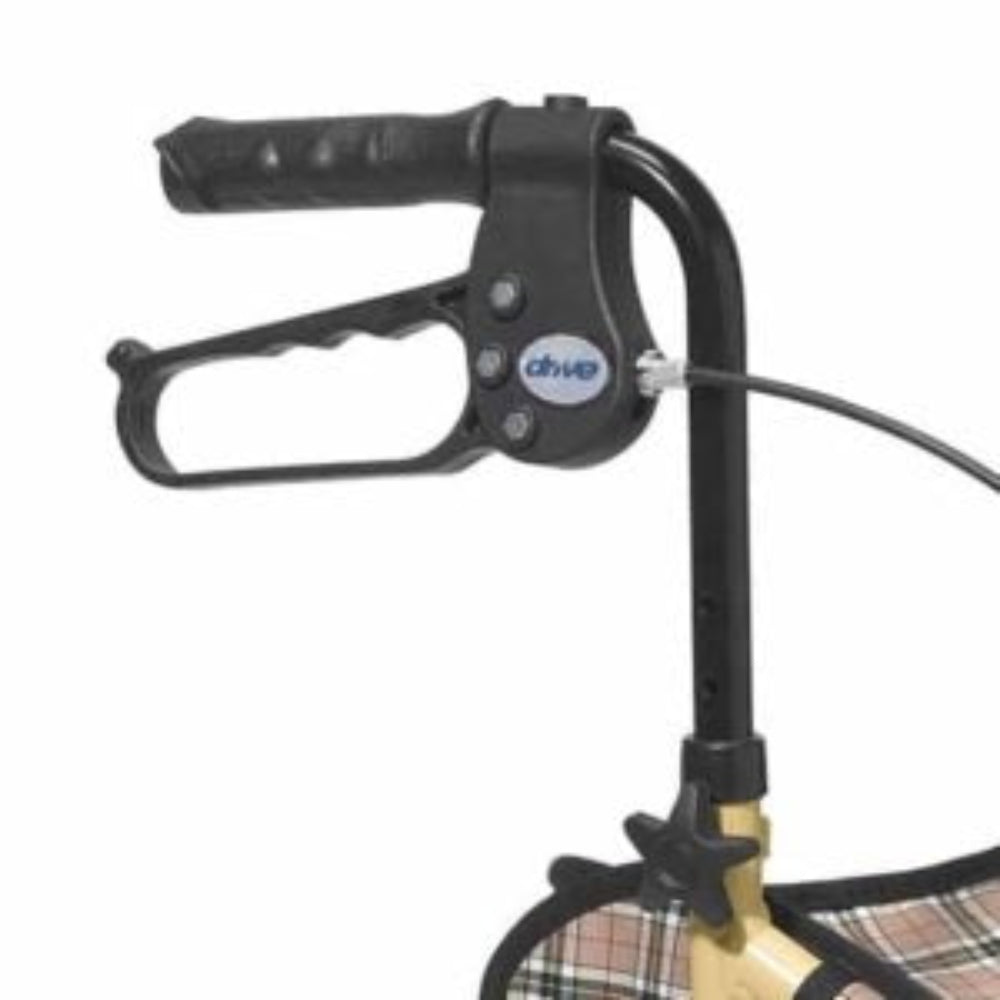 Close-up of the ergonomic handgrip and easy-to-use loop lock brake system on the Drive Medical 3-wheel aluminum rollator.