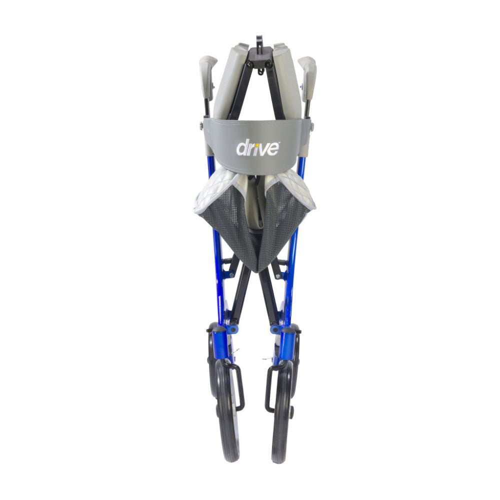 Drive Medical Nitro DLX Rollator in blue folded flat for easy storage and travel.