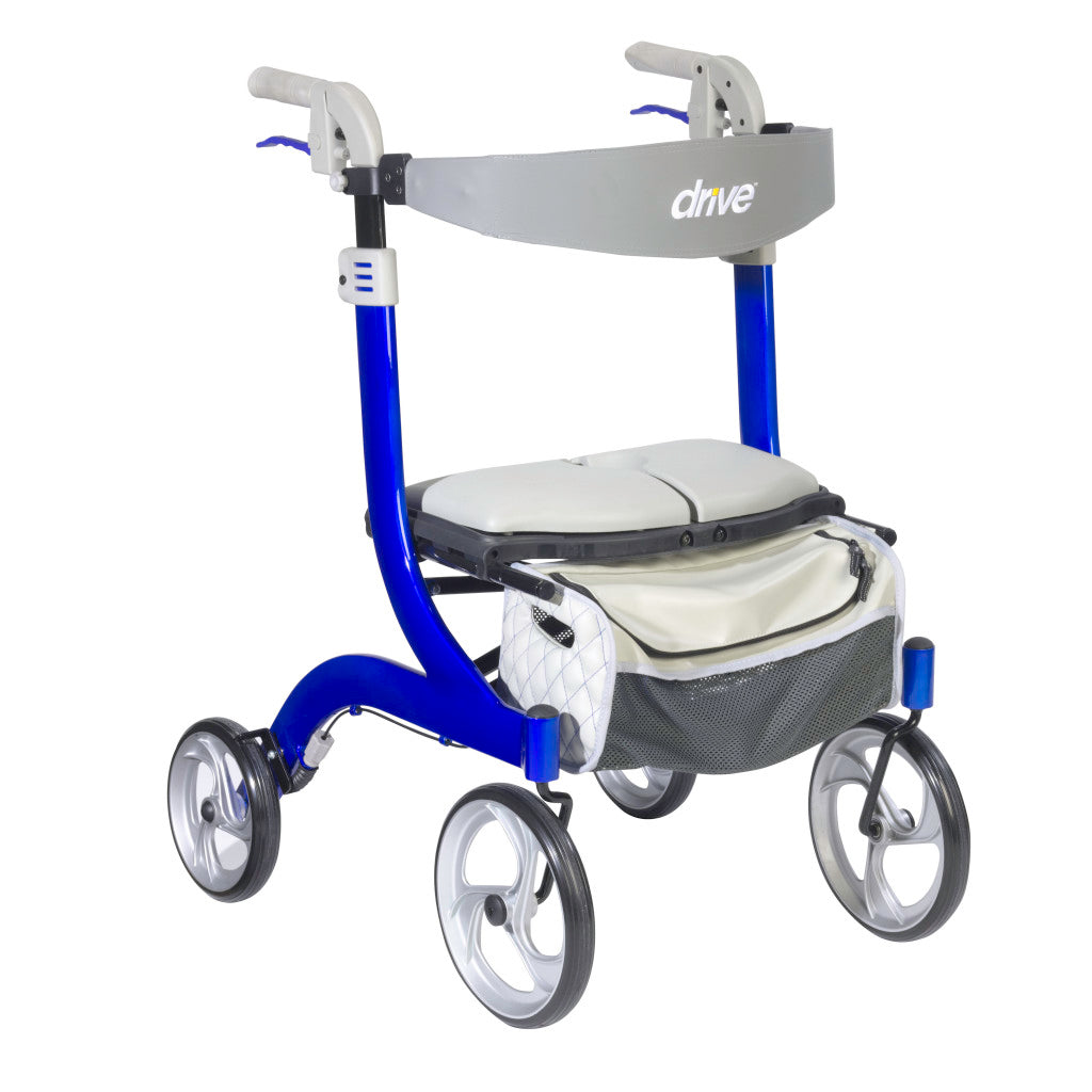 Drive Medical Nitro DLX 4-Wheel Rollator Walker in Blue featuring large 10-inch front casters.