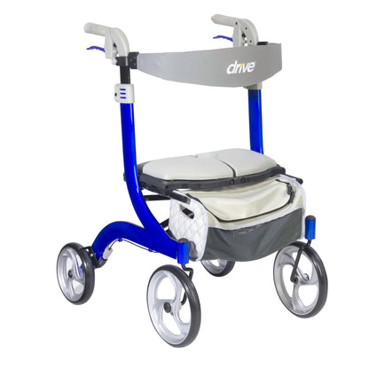 Drive Medical Nitro DLX 4-Wheel Rollator Walker in Blue featuring large 10-inch front casters.