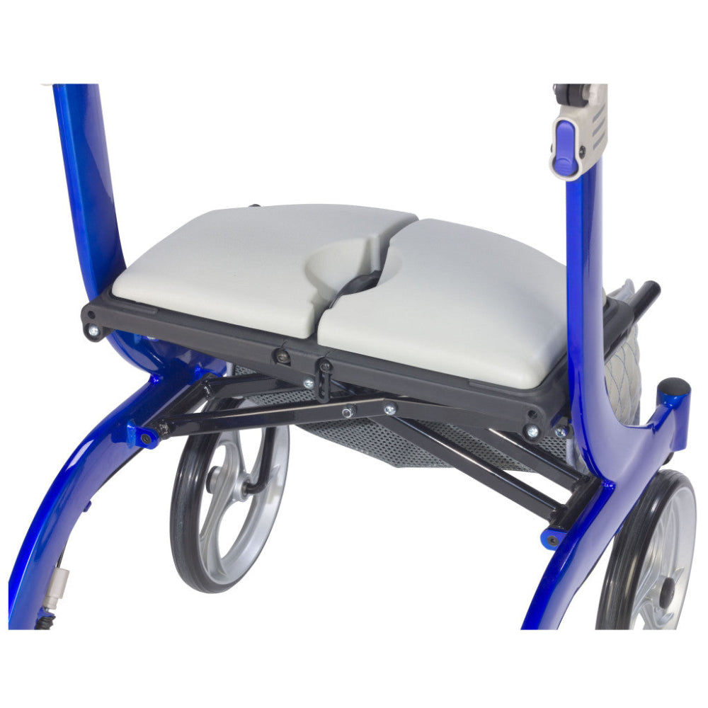 Close up of the comfortable seat and adjustable backrest on the Drive Nitro DLX Rollator.