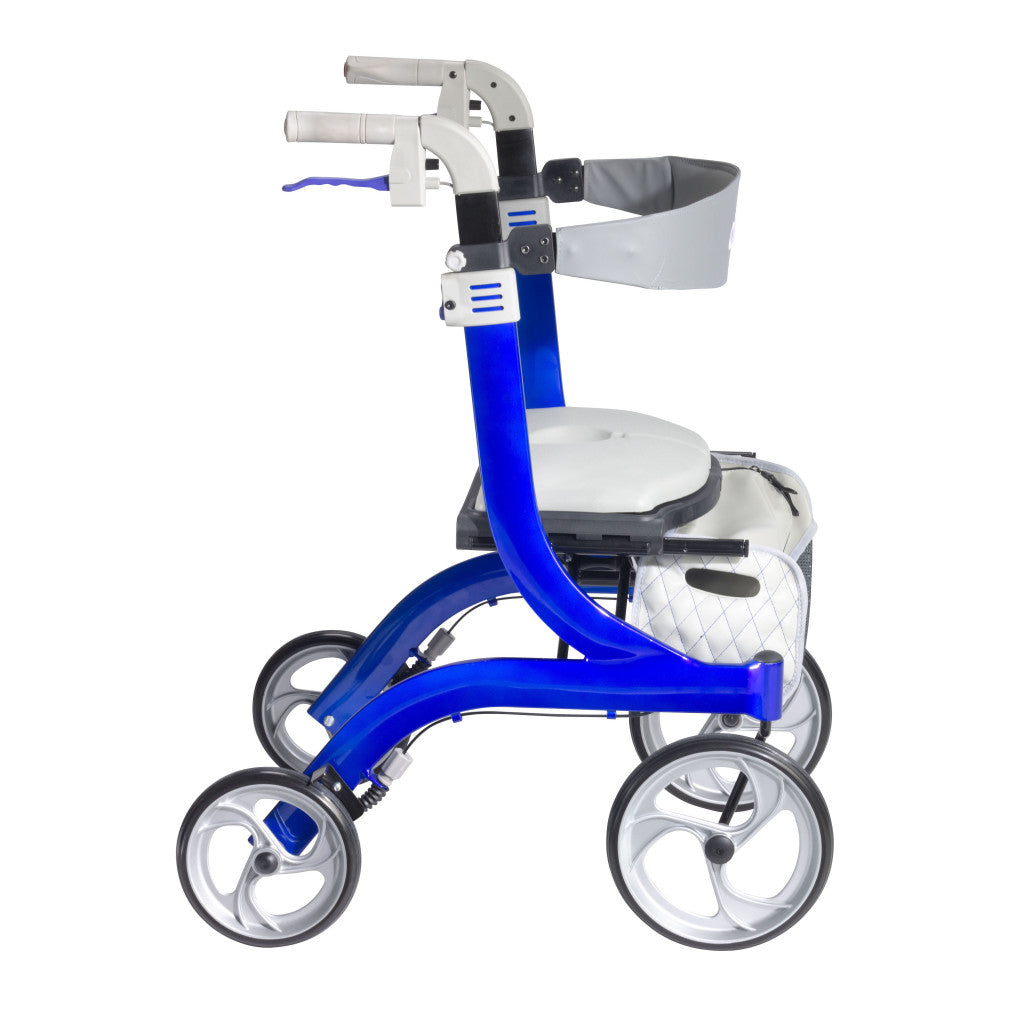 Side profile view of the blue Drive Medical Nitro DLX rollator showing the frame geometry.