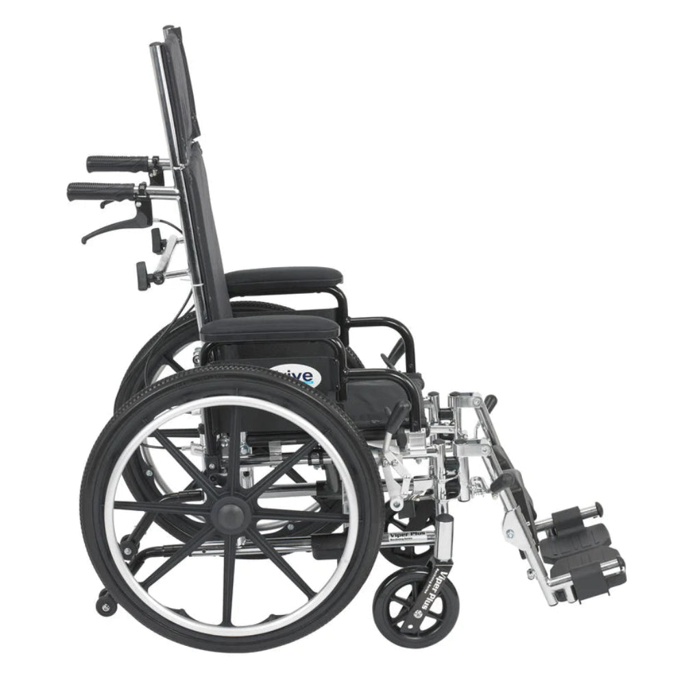 Front left angled view of the durable Drive Medical Viper Plus manual reclining wheelchair.