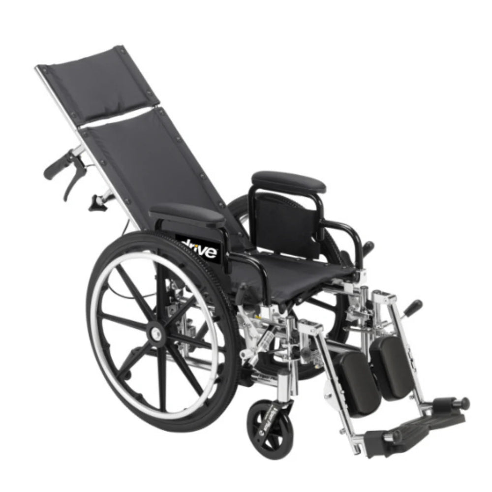 Front right angled view of the Viper Plus manual wheelchair smoothly transitioning into a partially reclined position.