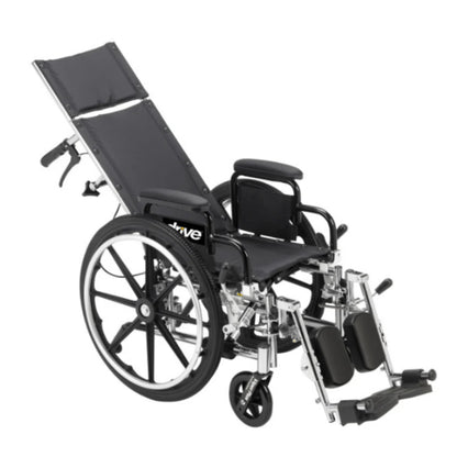 Front right angled view of the Viper Plus manual wheelchair smoothly transitioning into a partially reclined position.