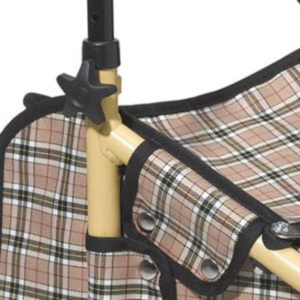 Close-up of the zippered plaid storage bag and sturdy aluminum frame on the Drive Medical Winnie Lite Supreme rollator.