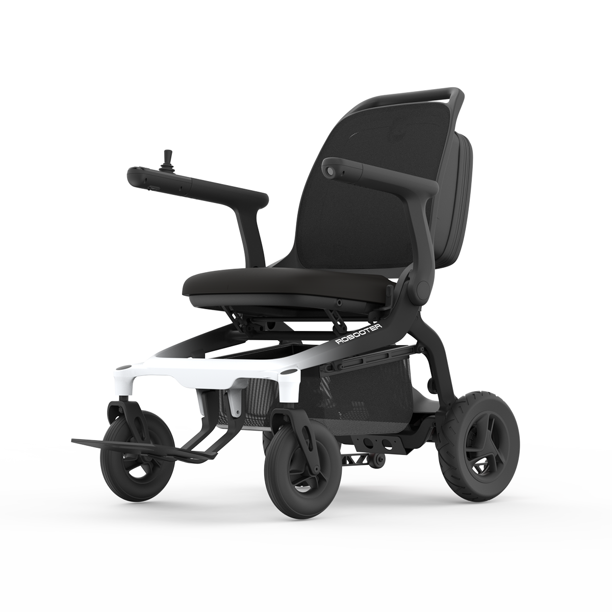 Robooter E80 carbon fibre power wheelchair front three-quarter studio view