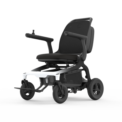 Robooter E80 carbon fibre power wheelchair front three-quarter studio view