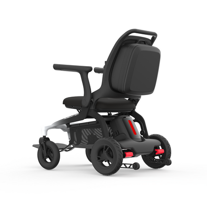 Robooter E80 carbon fibre power wheelchair rear three-quarter studio view