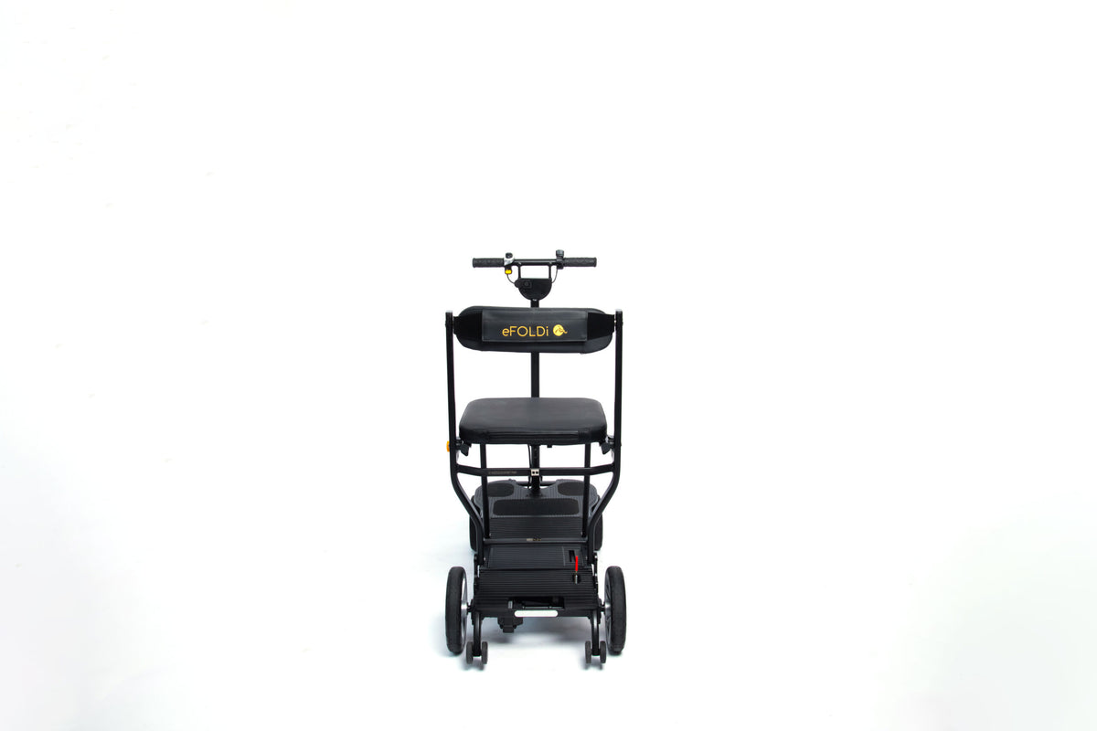 Front view of the eFOLDi Compass mobility scooter, without optional armrests