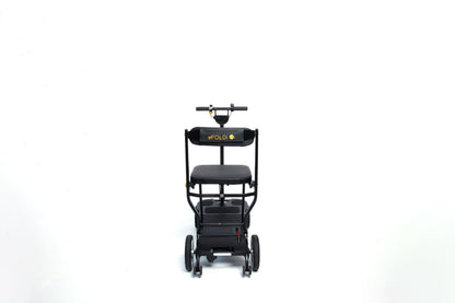Front view of the eFOLDi Compass mobility scooter, without optional armrests