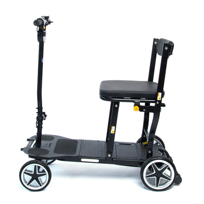 eFOLDi Compass four-wheel mobility scooter in side profile, without optional armrests