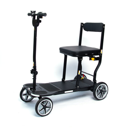 eFOLDi Compass folding mobility scooter in a three-quarter front view, without optional armrests