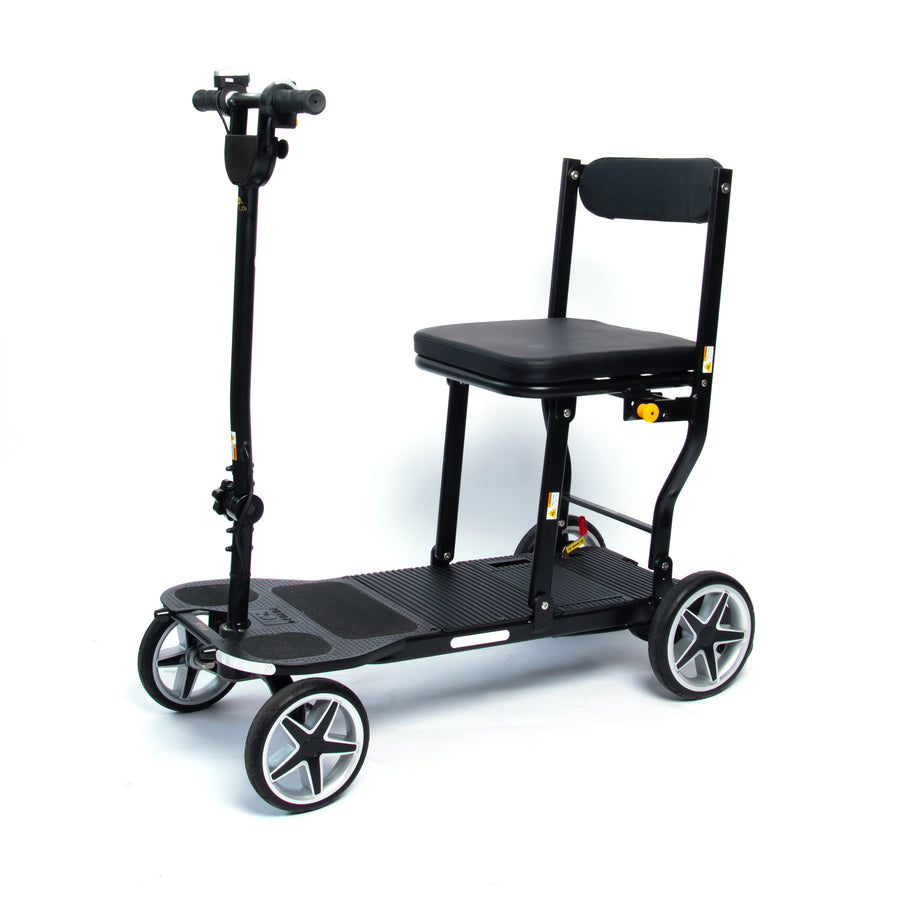 eFOLDi Compass folding mobility scooter in a three-quarter front view, without optional armrests