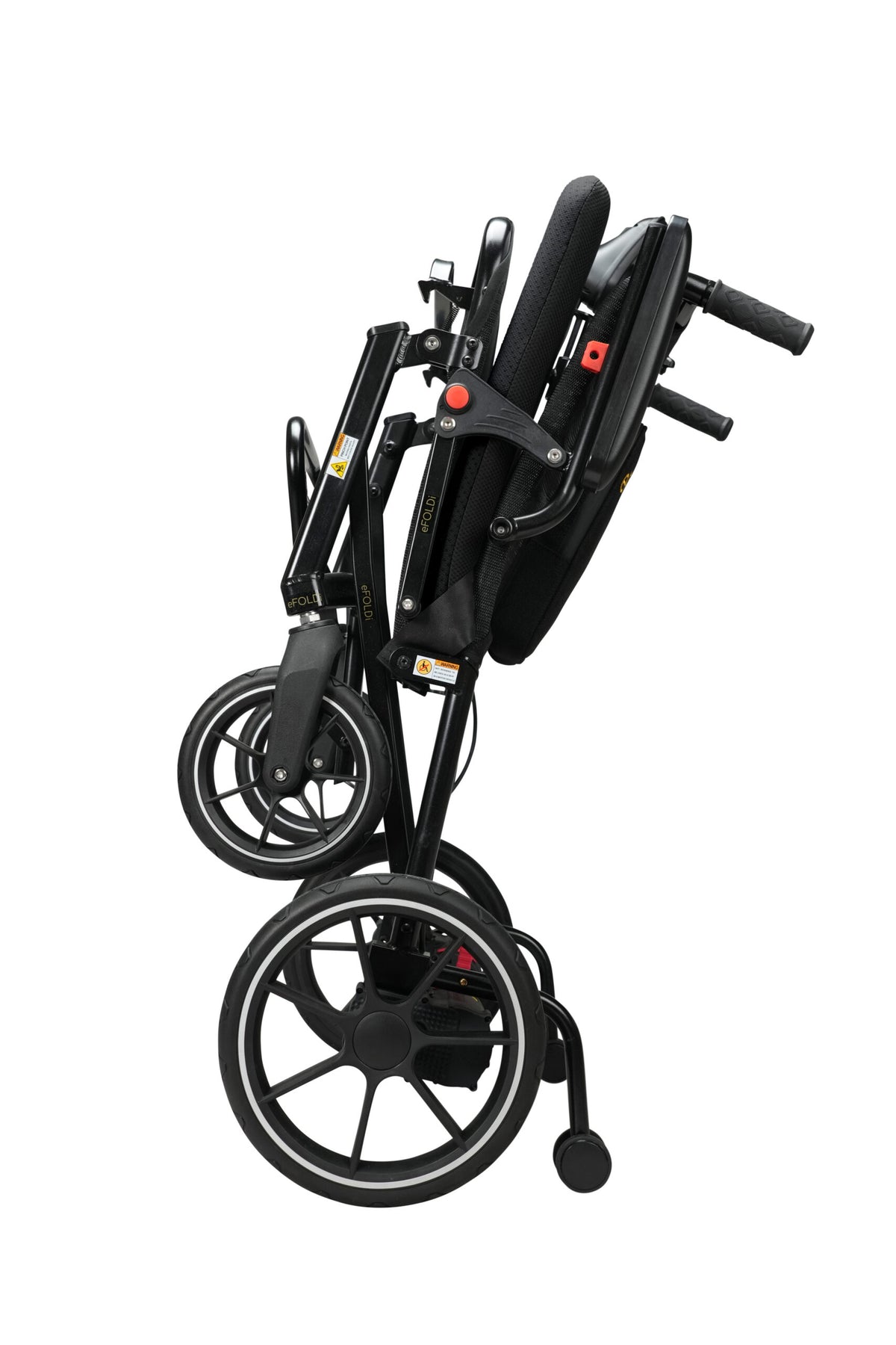 eFOLDi Navigator power wheelchair folded upright for storage