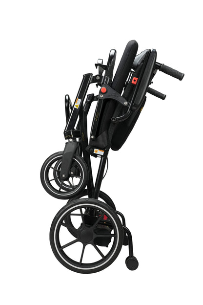 eFOLDi Navigator power wheelchair folded upright for storage