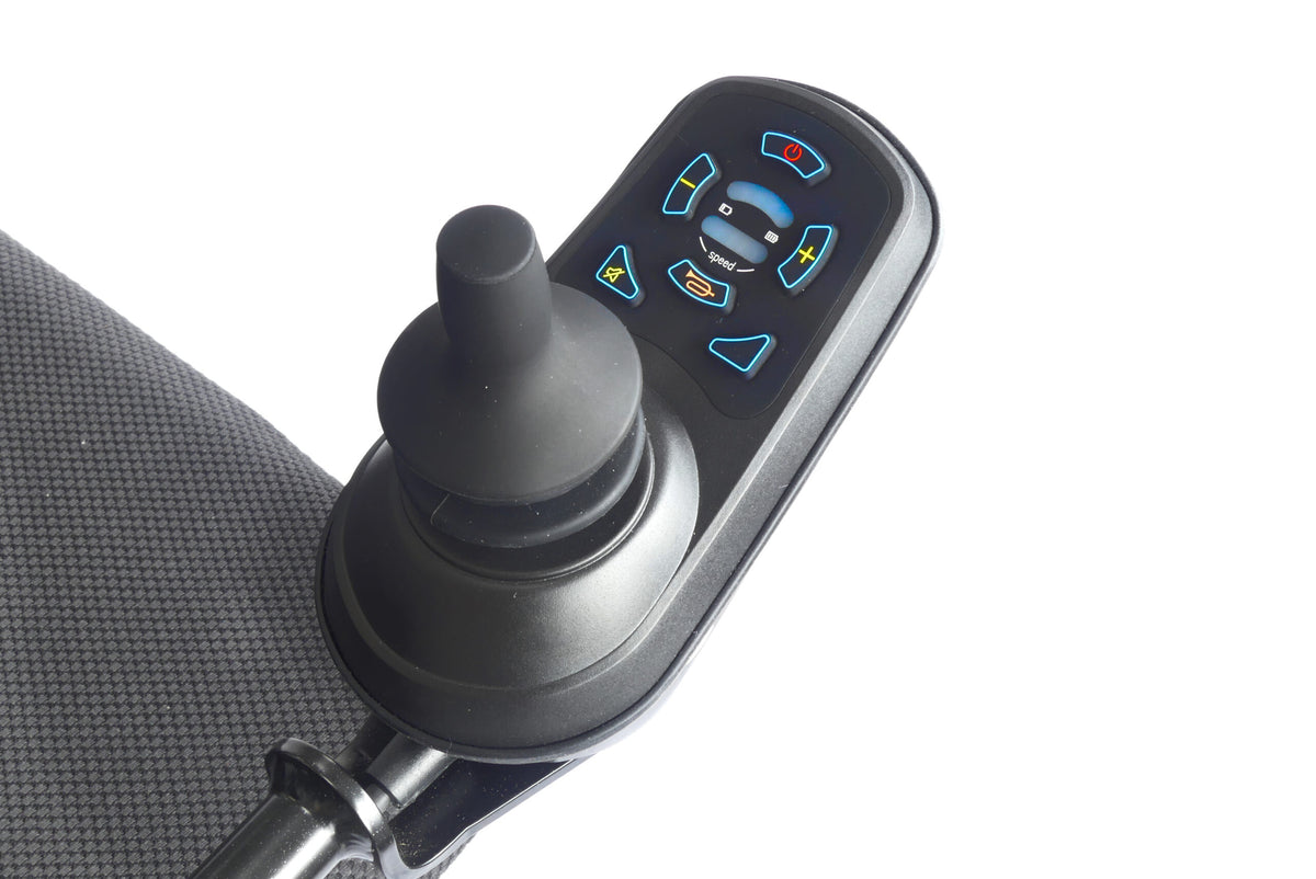 Close-up of the eFOLDi Navigator joystick and speed controls