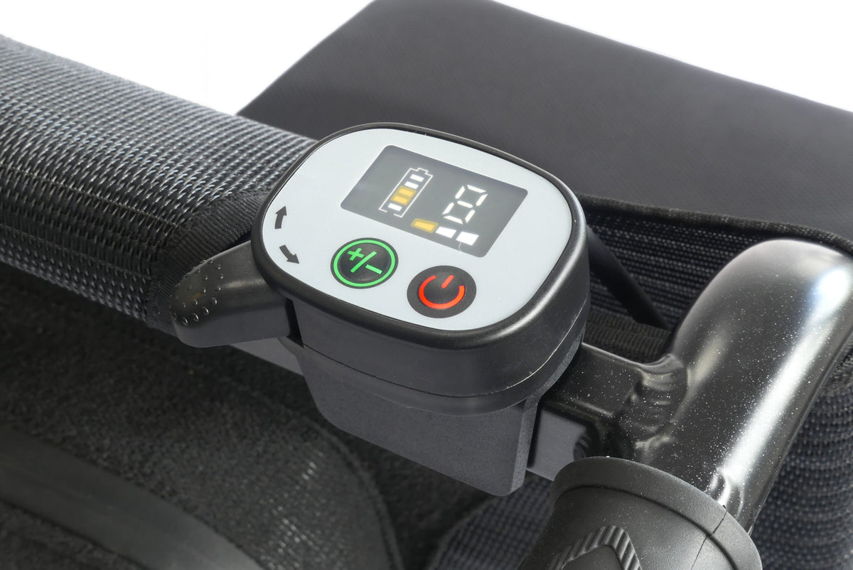 Close-up of the eFOLDi Navigator attendant control on the rear push handle