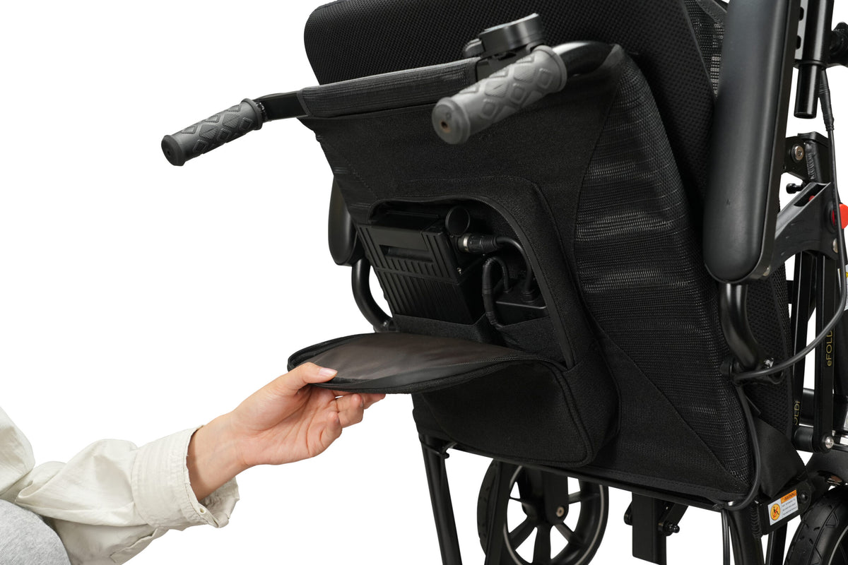 eFOLDi Navigator battery pouch beneath the backrest