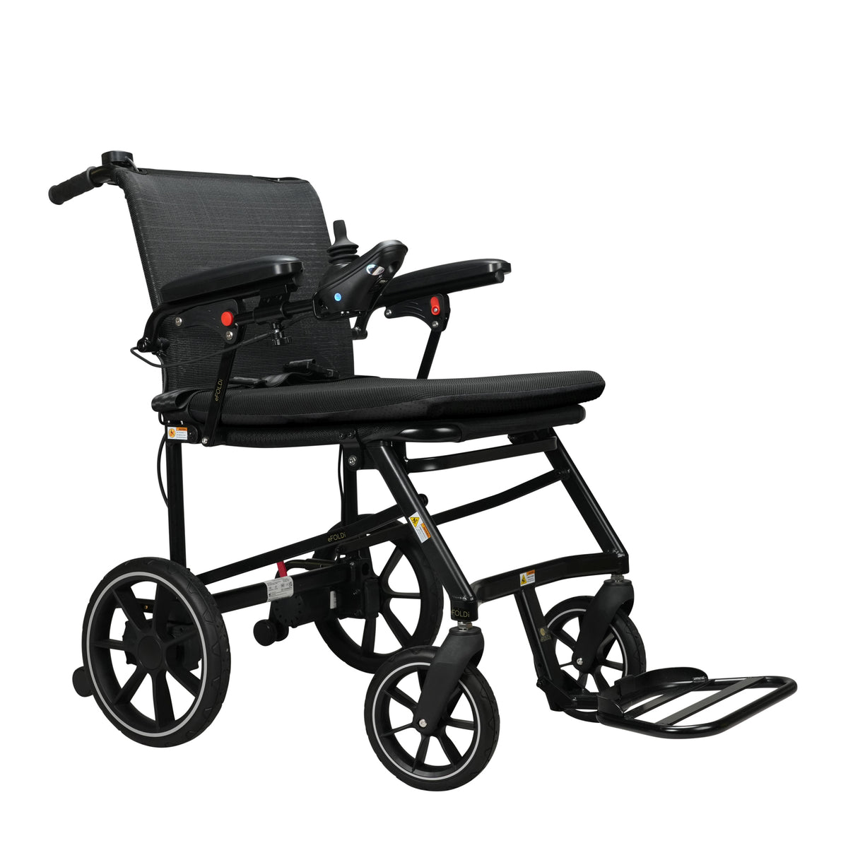 eFOLDi Navigator folding power wheelchair in black, front three-quarter view