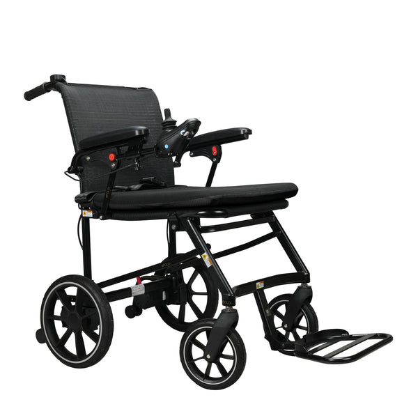 eFOLDi Navigator folding power wheelchair in black, front three-quarter view
