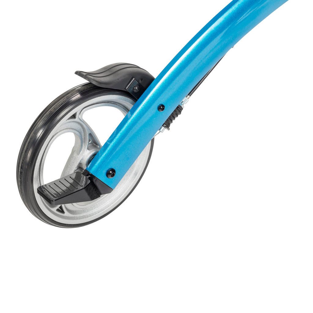 Detailed view of the rear wheel and locking brake mechanism on the Elevate walker.