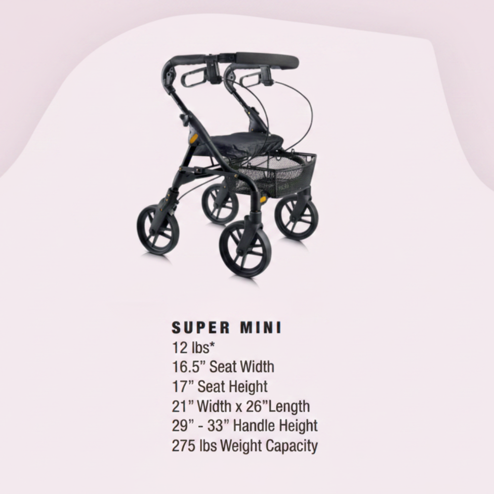 Product specification and sizing guide for the black Evolution Piper Series rollator walker.