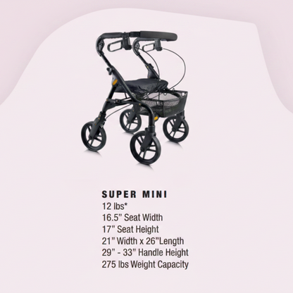 Product specification and sizing guide for the black Evolution Piper Series rollator walker.