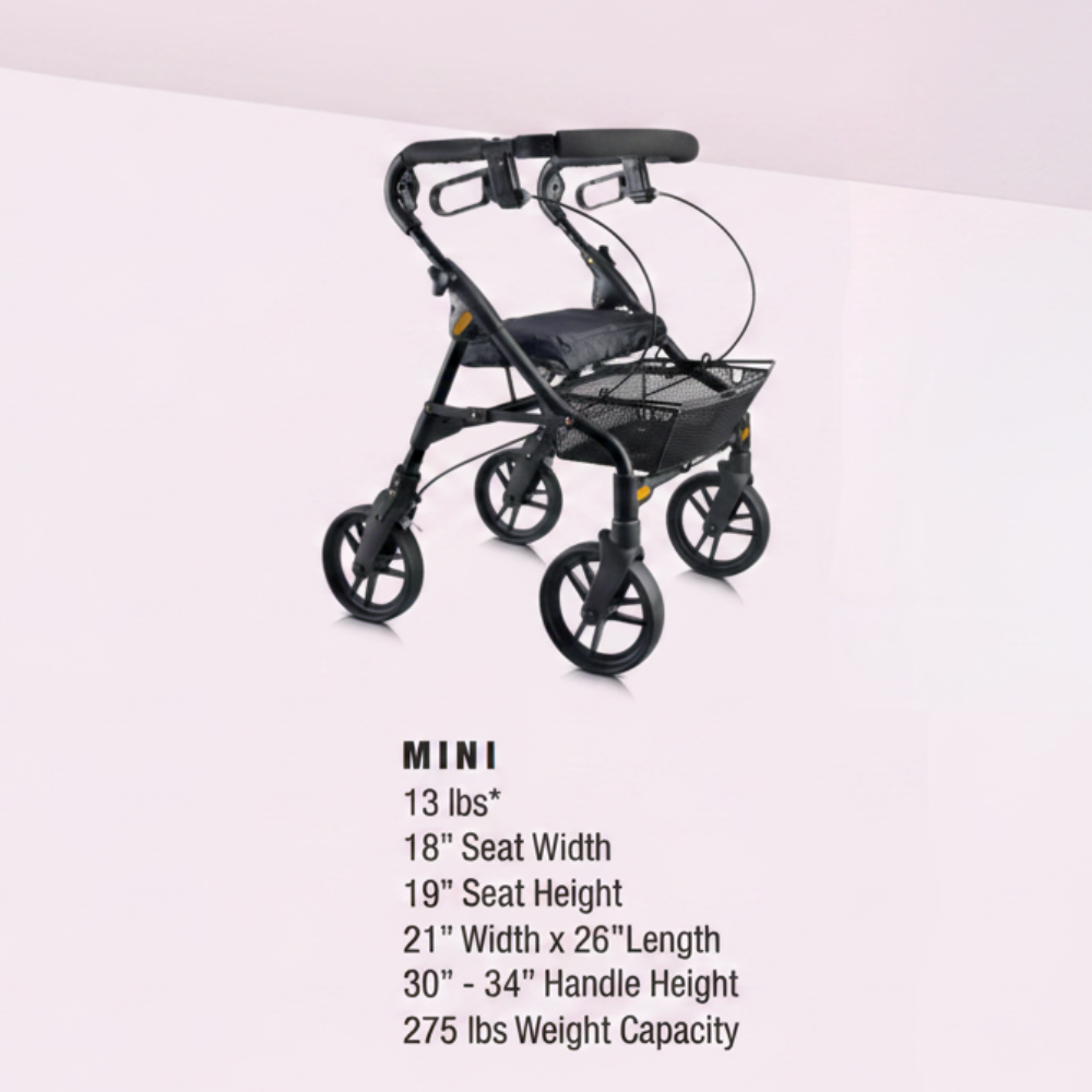 Detailed dimension and specification chart for the Evolution Piper Series compact rollator in black.