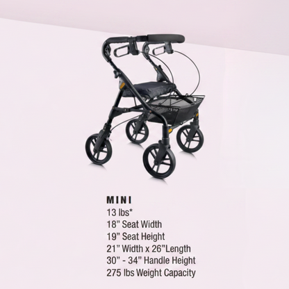 Detailed dimension and specification chart for the Evolution Piper Series compact rollator in black.