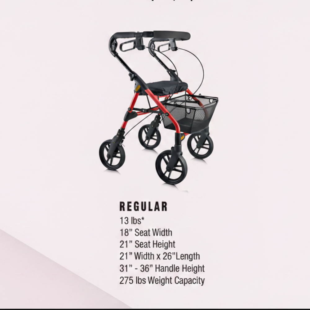Product specification and sizing guide detailing the features of the red Evolution Piper Series rollator.
