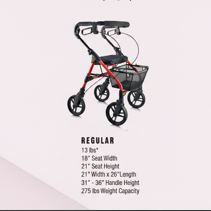 Product specification and sizing guide detailing the features of the red Evolution Piper Series rollator.