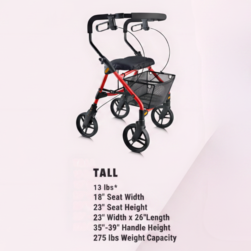 Detailed dimension and sizing chart for the Evolution Piper Series mobility walker in red.